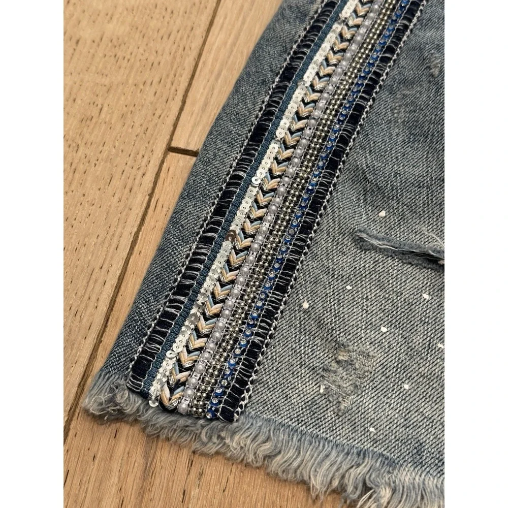 NWT Free People Beaded‎ Sequin Western Cowgirl Distressed Denim Mini Skirt Sz 0